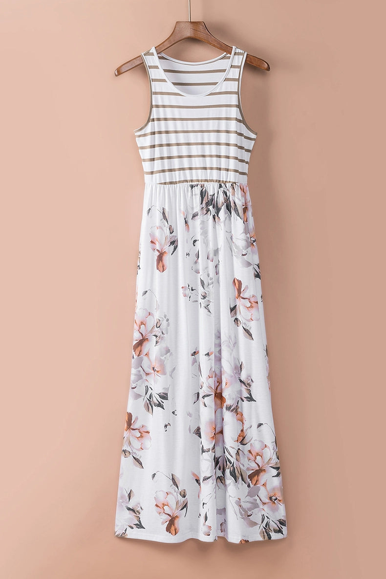 Fashion Stripes Sleeveless Dress Women's 2024 Summer New Arrival Floral A- line Skirt Loose Slimming and All-Matching Long Skirt Women