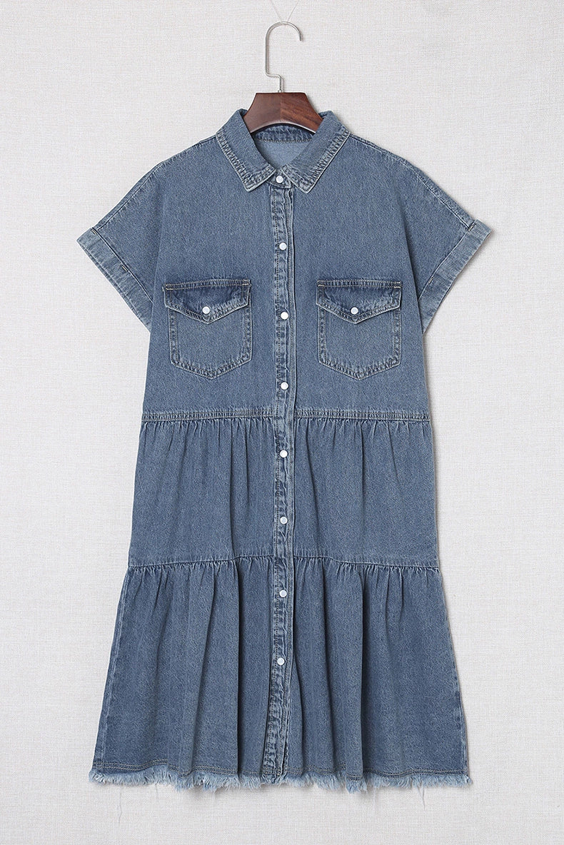 2024 Special-Interest Design Dress Female Fashionable European and American Style Single Breasted Cinched Slimming Short Sleeves Denim Skirt