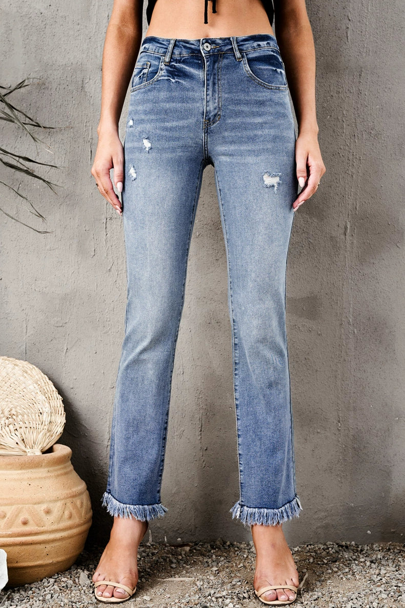 2024 Pure Color Washed Denim Women Fashion Idle Style Loose Cool Casual High Waist Straight-Leg Pants Women