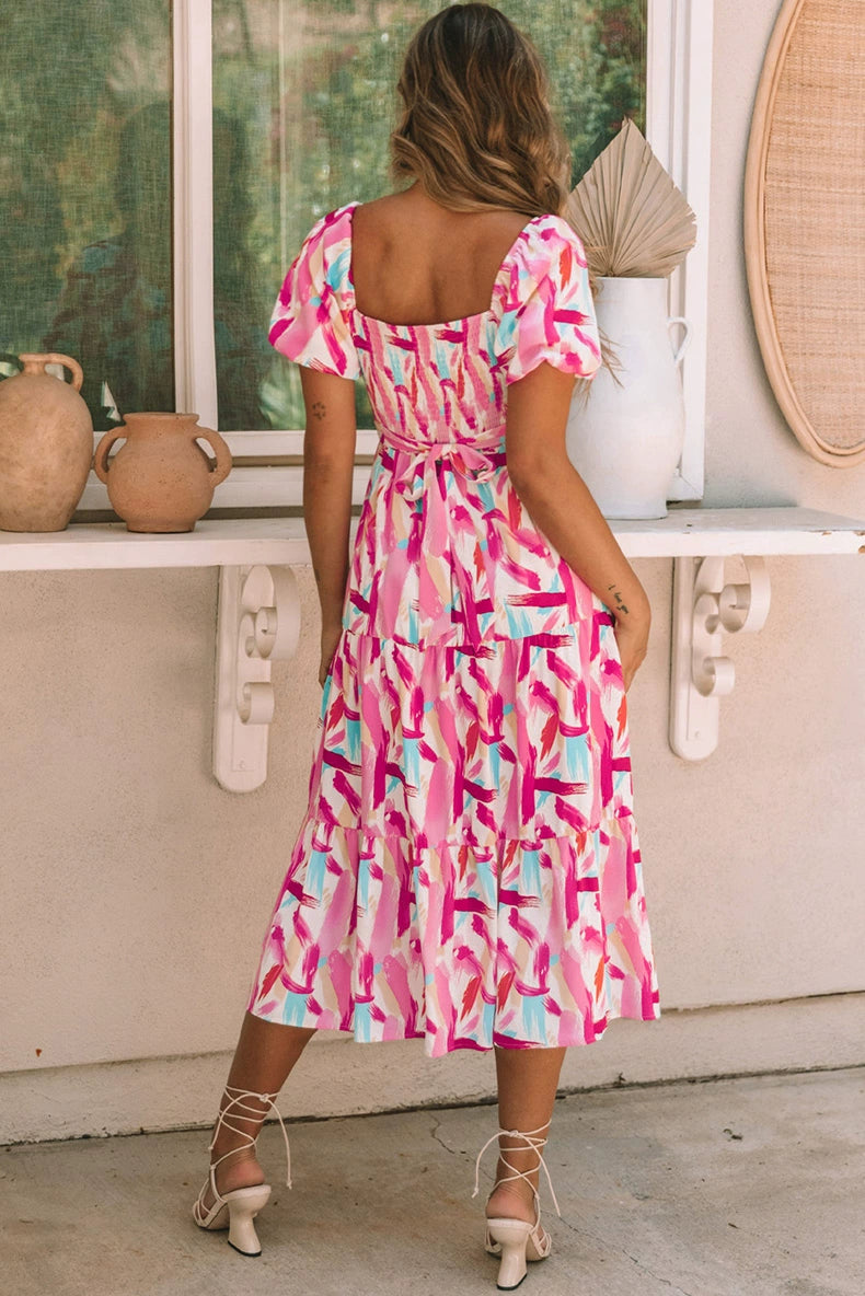 Fashion Abstract Summer High Waist Slim Looking Short Sleeve Dress