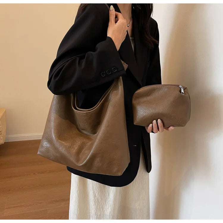 Fashion Luxury Brown Handbags Women Large Capacity Shoulder Bags Retro Leather Tote Bag Shopping 2024 New Big Underarm Hobo Bags