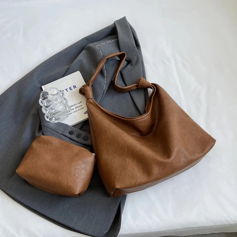 Fashion Luxury Brown Handbags Women Large Capacity Shoulder Bags Retro Leather Tote Bag Shopping 2024 New Big Underarm Hobo Bags