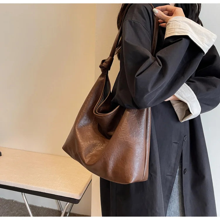 Fashion Luxury Brown Handbags Women Large Capacity Shoulder Bags Retro Leather Tote Bag Shopping 2024 New Big Underarm Hobo Bags